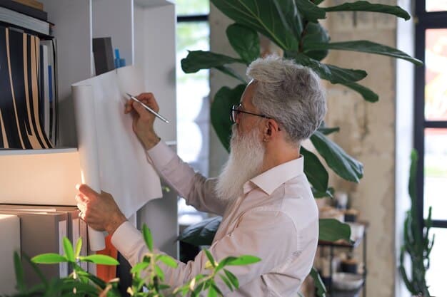 An appraiser looking at a piece of artwork in a home, taking notes on its condition and estimated value, with a focus on the professional valuation process.