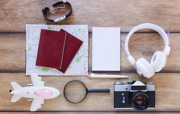 A collection of travel-themed items, such as a passport, plane ticket, and miniature luggage, arranged around a credit card with a travel rewards logo, symbolizing the benefits of earning rewards for travel.