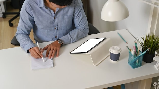 A person looking at a credit report on a tablet, with a magnifying glass resting on the screen to emphasize error checking. The background shows a comfortable home office setup.
