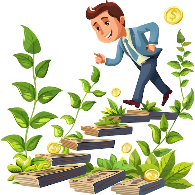 A visual representation of a person climbing a staircase using money bags as stepping stones, with a sign at the top that reads 