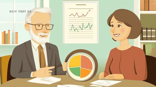 A financial advisor sitting across from an employee, pointing to a graph illustrating different pension benefit projections based on various retirement ages and contribution levels. The setting is a professional office with soft lighting, emphasizing trust and informed decision-making.