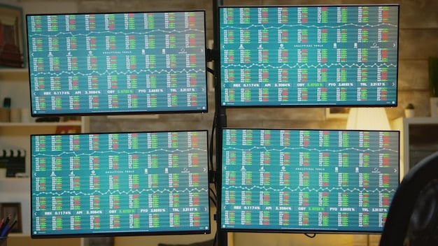 An image showcasing a modern stock trading floor, with multiple screens displaying real-time stock prices and analysts in action. The scene captures the fast-paced, dynamic environment of the stock market.