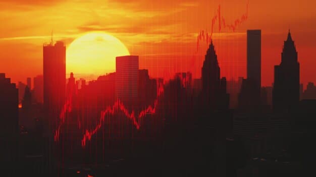 A graph displaying various investment options (stocks, bonds, real estate, crypto) with their projected growth rates and risk levels, overlaid on a cityscape at sunset.