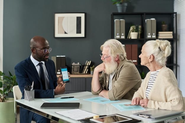 Three individuals representing different age groups (young professional, mid-career adult, senior citizen) discussing investment options with a financial advisor in a modern office setting.