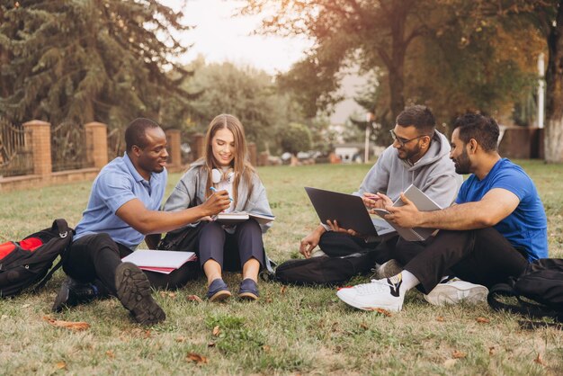 A diverse group of college students studying together on a campus lawn, with laptops and books. The image conveys a sense of collaboration and academic community, emphasizing the value of higher education and the importance of financial aid in making it accessible.
