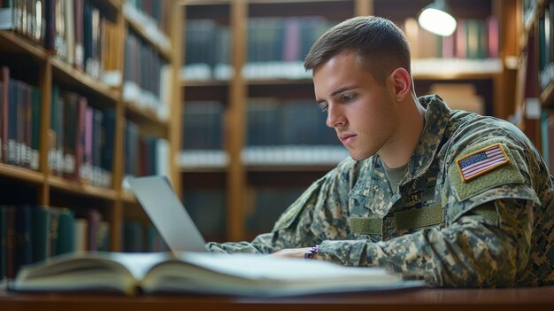 A close-up shot of a student in an ROTC uniform studying diligently in a library, books and notes spread around, highlighting the academic commitment of ROTC.