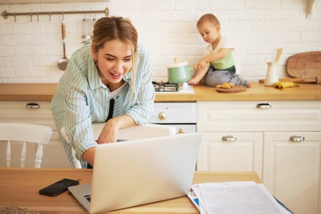 A single parent working on a laptop at their kitchen table, surrounded by bills and tax documents. Their child is nearby, reading a book. The scene portrays the everyday financial struggles of a working-class family.