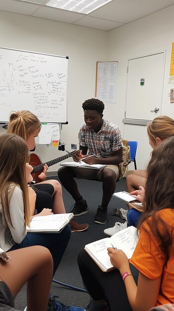 A diverse group of high school students sitting in a college classroom, actively participating in a lecture, with a professor at the front of the class.