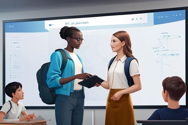 A young woman, a high school student, confidently presenting a project or presentation to her classmates in a dual enrollment class, showcasing her improved public speaking and presentation skills.