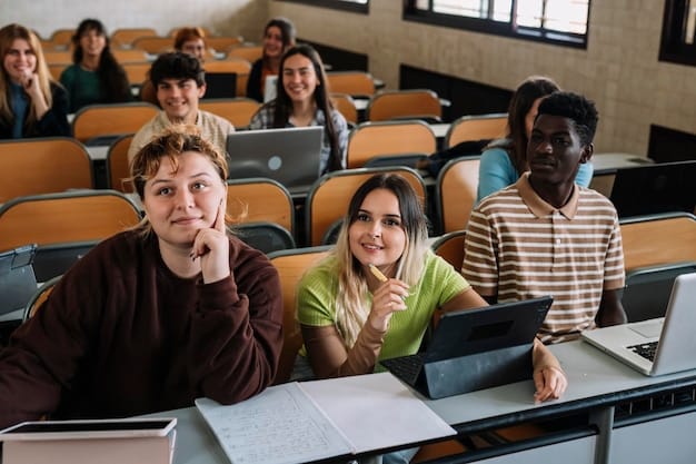 A group of high school students sitting in a college classroom, attentively listening to a professor during a dual enrollment course session.
