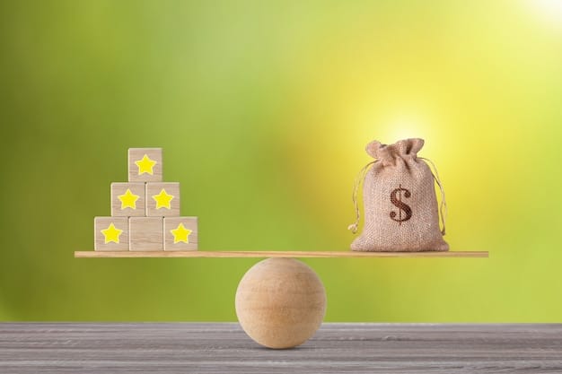A scale balancing potential gains from an ESPP against potential risks, with money bags on one side and warning signs on the other, illustrating the importance of weighing the pros and cons. The image is balanced and informative.