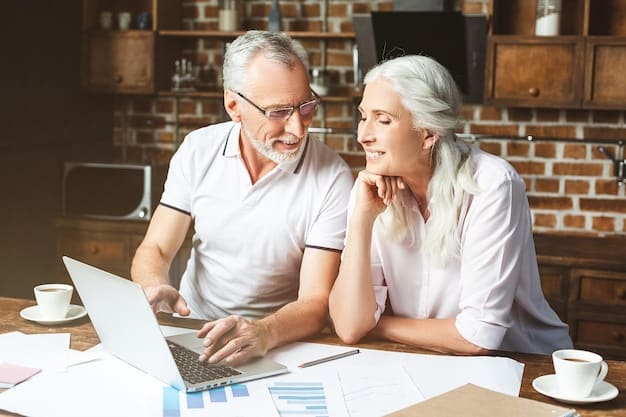 An older couple smiling and holding hands while looking over their investment portfolio, which includes a mix of stocks and bonds.