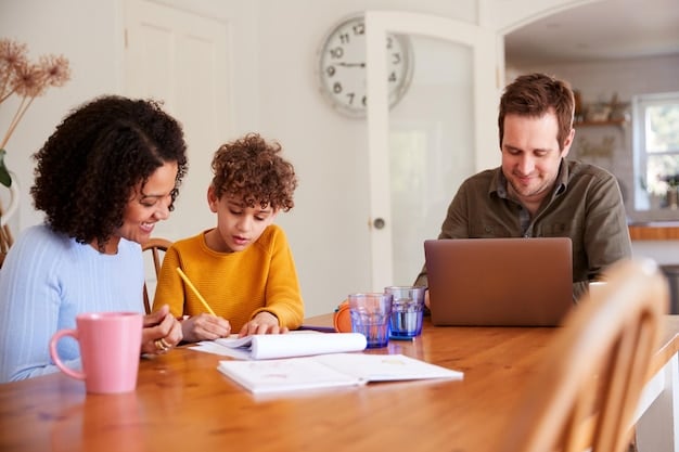 A family sitting at a table, reviewing financial documents, with a college acceptance letter in the foreground.